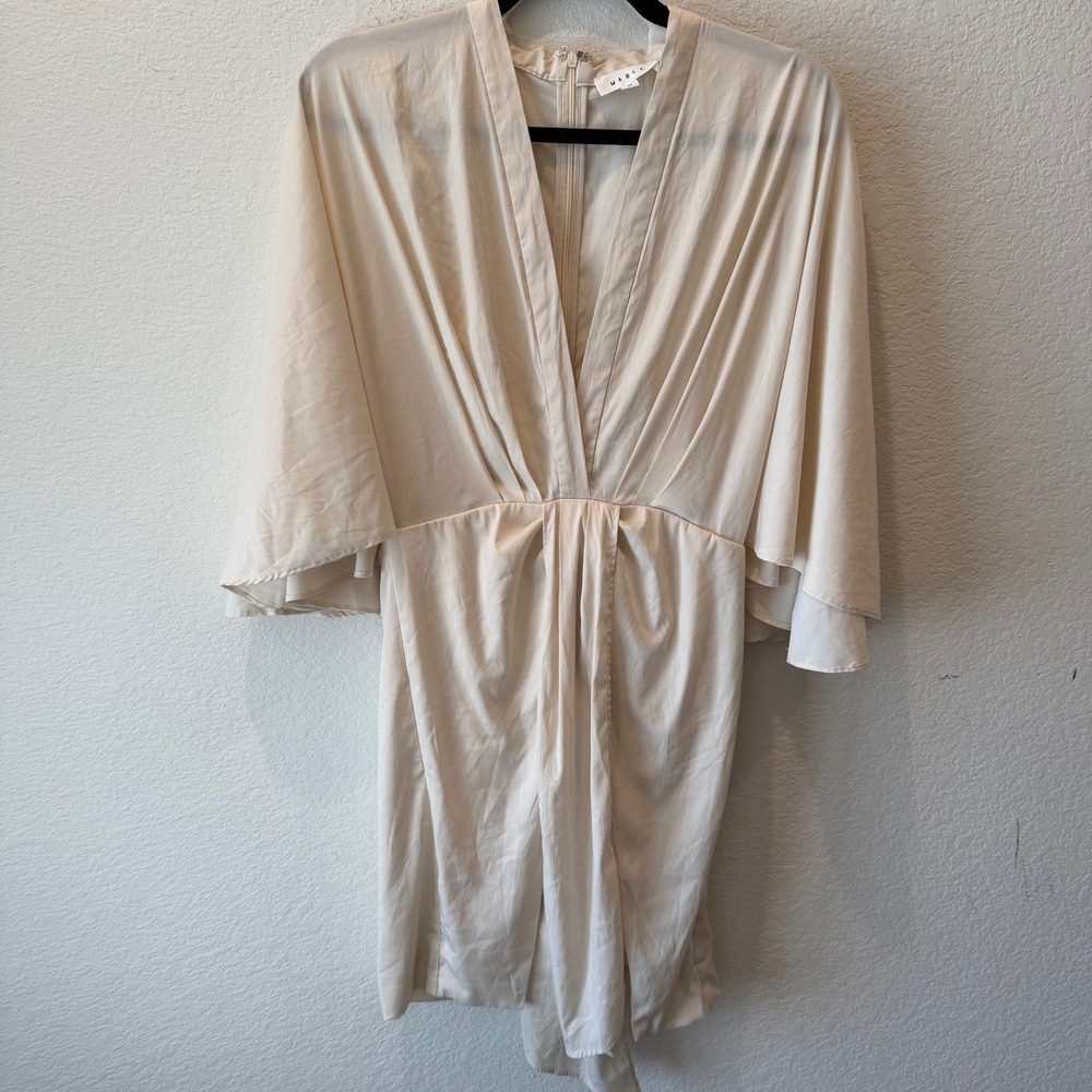 Mable Cream Champagne Satin Deep V-Neck Pleated Mini Dress Kimono Sleeve Medium